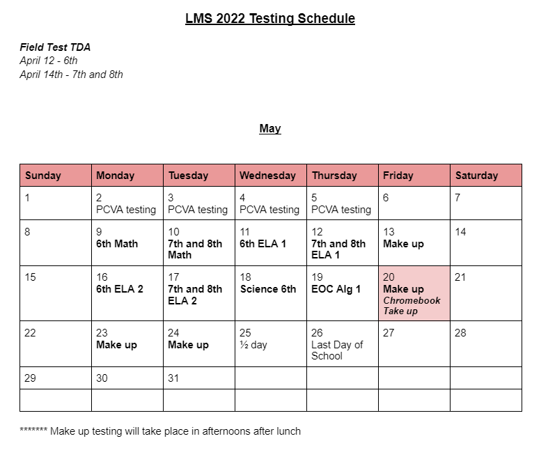 LMS Testing Schedule