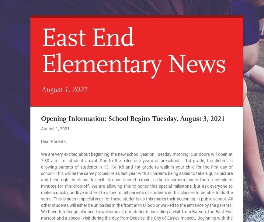 August 1, 2021 Edition of East End Elementary News