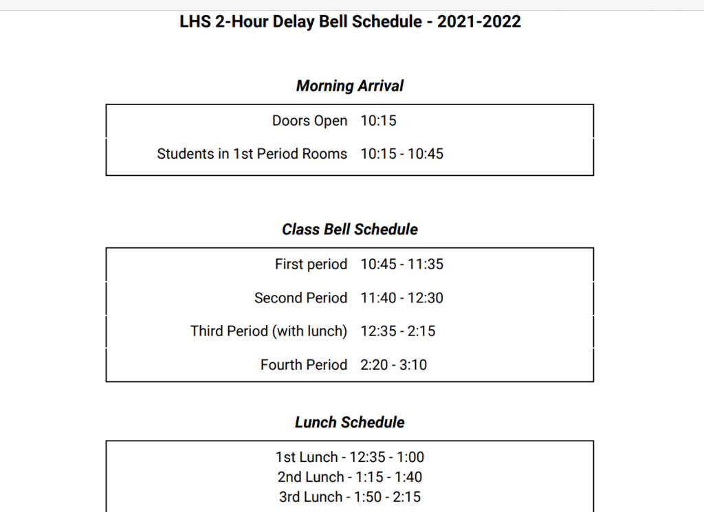 2 hour delay bell schedule