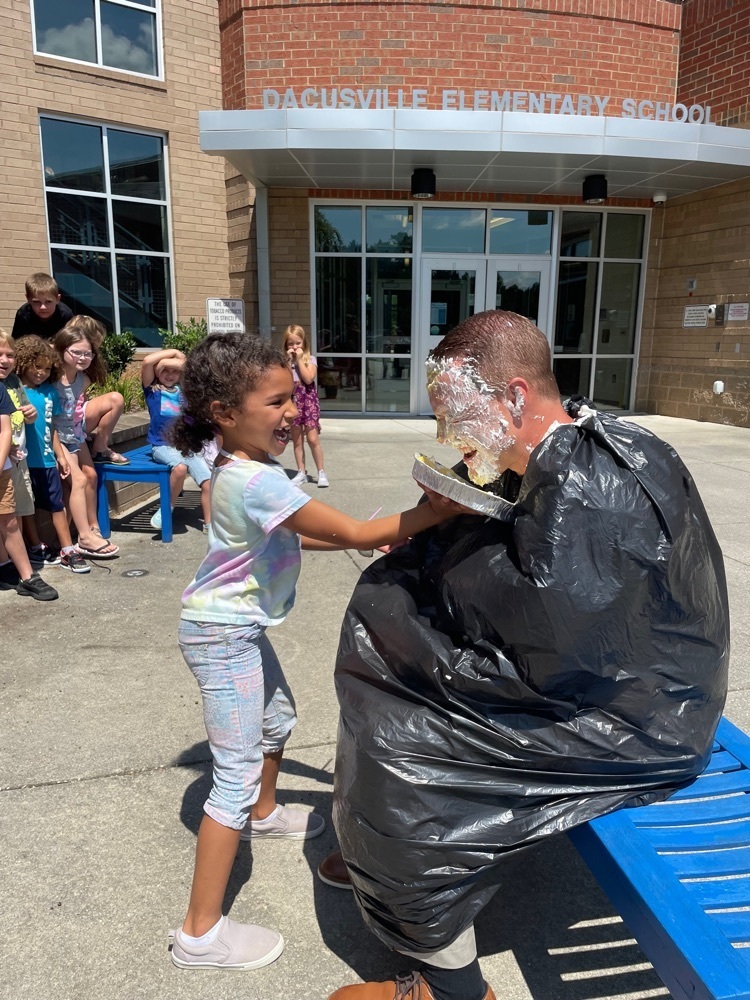 Today Mrs. Tegen and Keever’s class enjoyed getting to pie Mr. Chapman in the face as they met one of their Boosterthon goals. #dacusvillegrow 