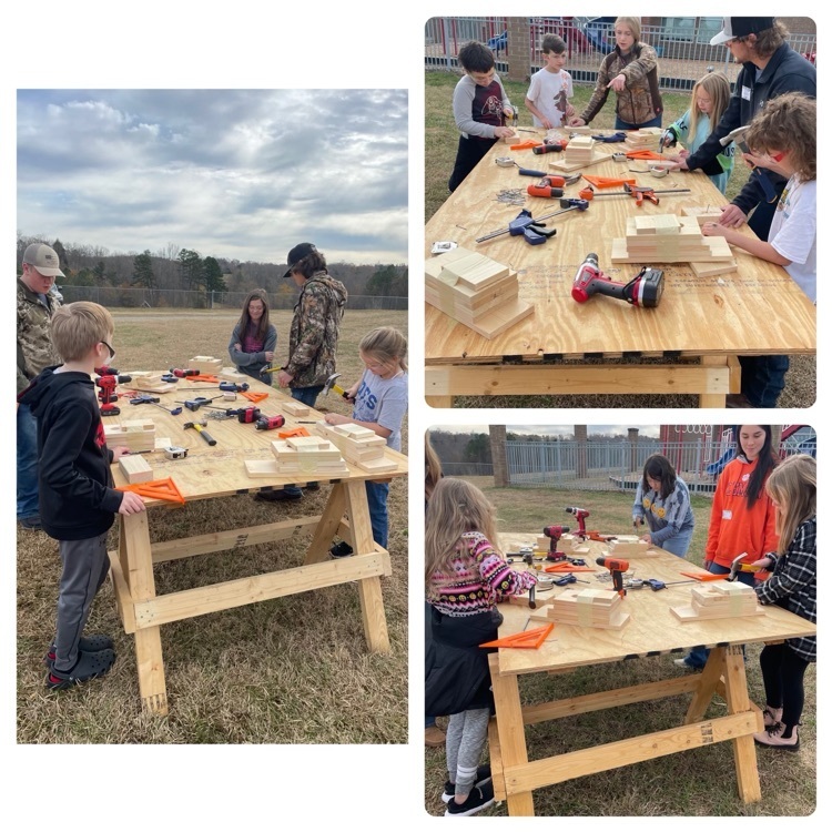 Fifth grade got to work with students from the career center today to build birdhouses to take home. They used hammers, drills, pre-cut wood pieces, and measurement tools to help them work today.