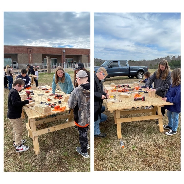 Fifth grade got to work with students from the career center today to build birdhouses to take home. They used hammers, drills, pre-cut wood pieces, and measurement tools to help them work today.