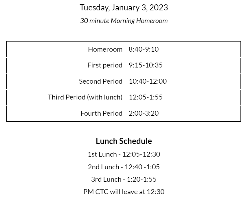 Jan 3 Bell Schedule